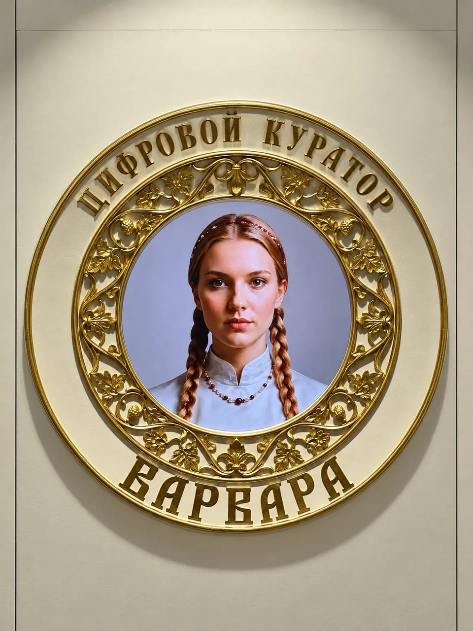 Экран цифрового куратора Варвары в круглой золотой раме.
